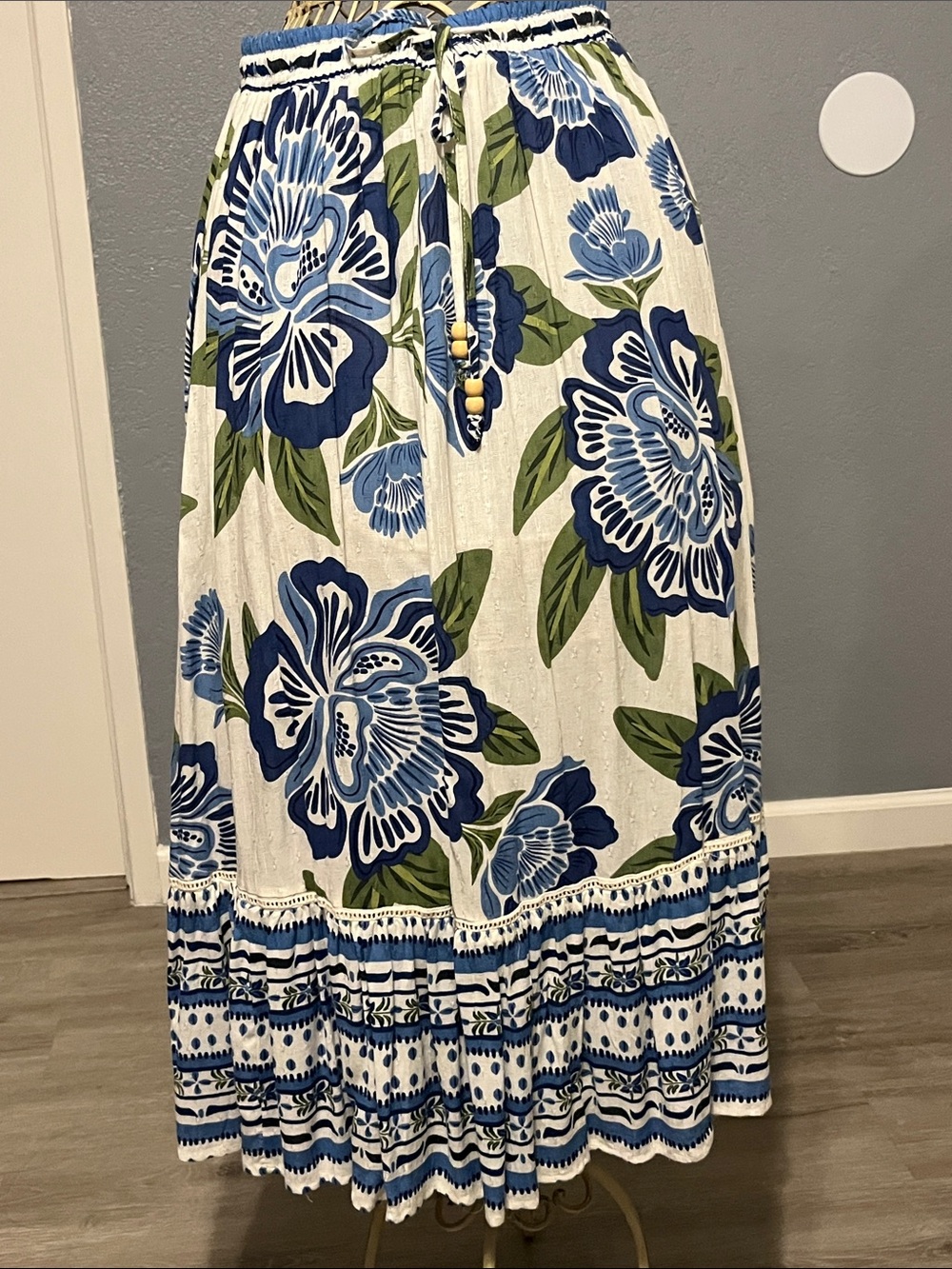 Rachel Zoe White Maxi Skirt with Blue Floral and Green Leaves